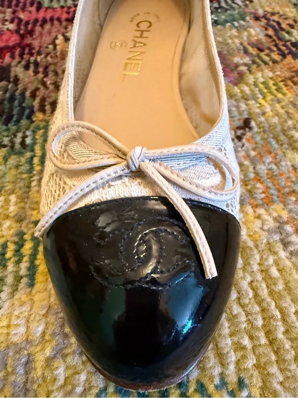 Like NEW Vintage Chanel Lace & Patent Leather Cap Toe Ballet Flats worn 2x/ 36.5